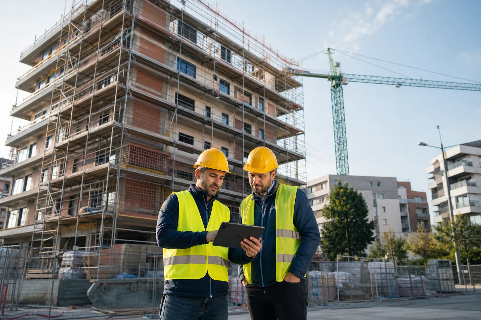 Ingeniero supervisando una obra de construcción con tablet