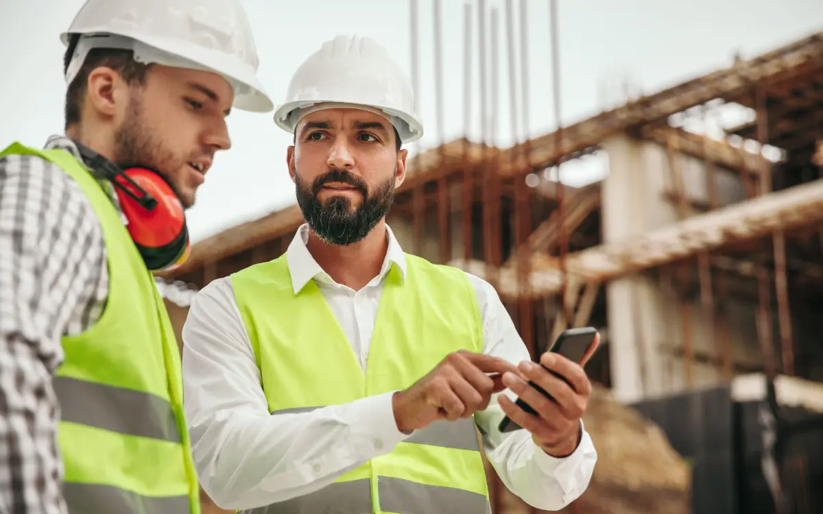 Encargado registrando partes de trabajo en obra desde el móvil con una app en España