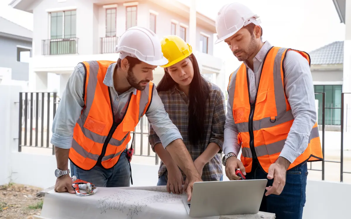 Director de obra revisando una certificación mensual de obra pública junto a documentación de la LCSP en una obra de construcción