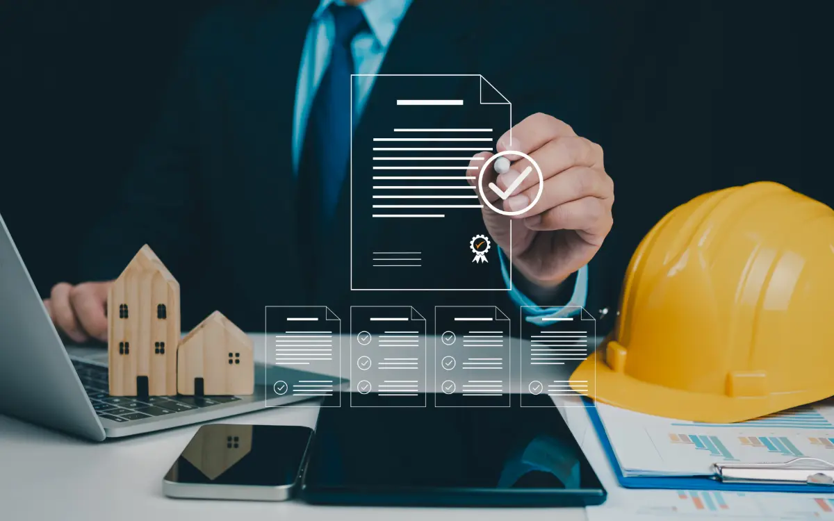 Jefe de obra revisando la certificación de avance de una subcontrata en una obra de construcción