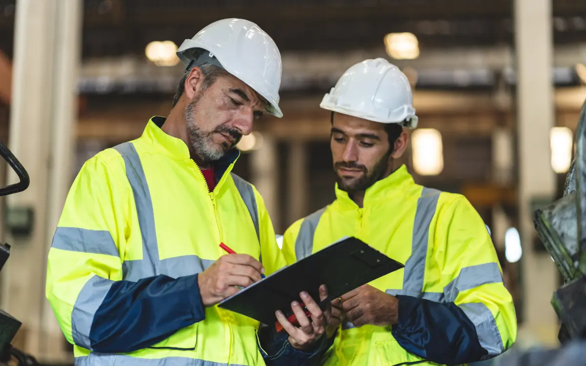 Prevention officer completing a construction site safety checklist on a digital tablet