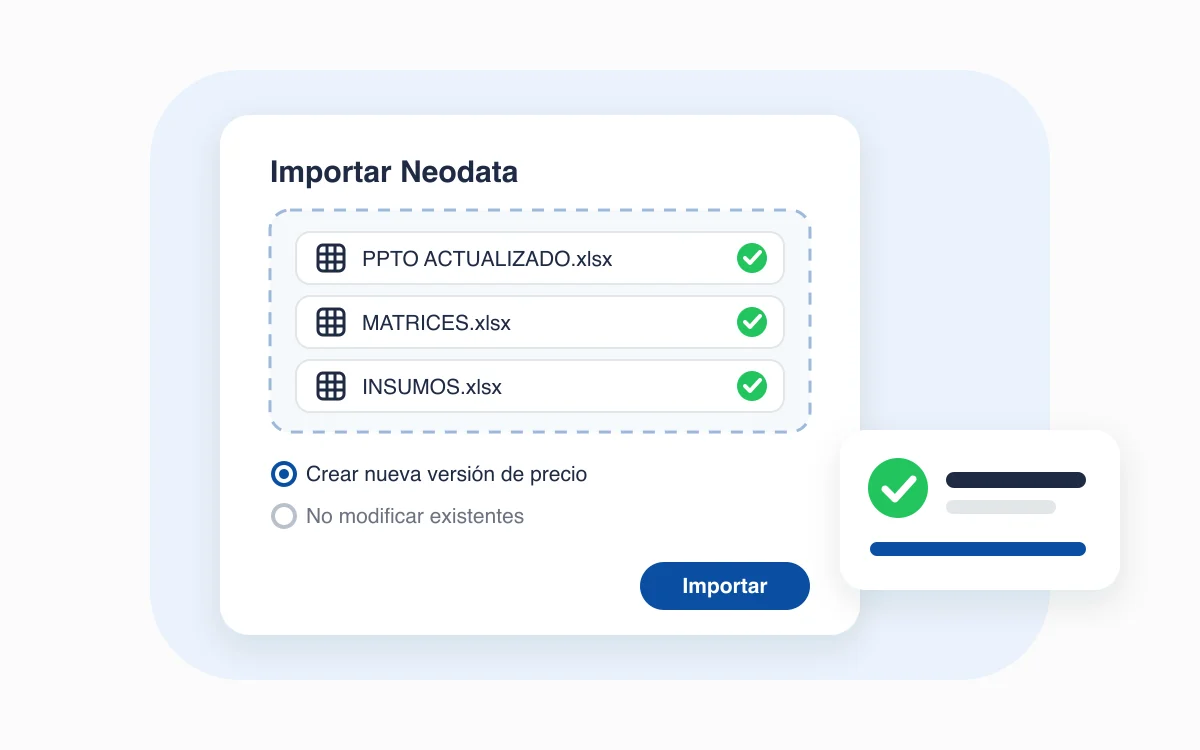 Ilustración de la importación de Neodata en Trowel con los archivos PPTO ACTUALIZADO, MATRICES e INSUMOS cargados y la opción de crear una nueva versión de precio
