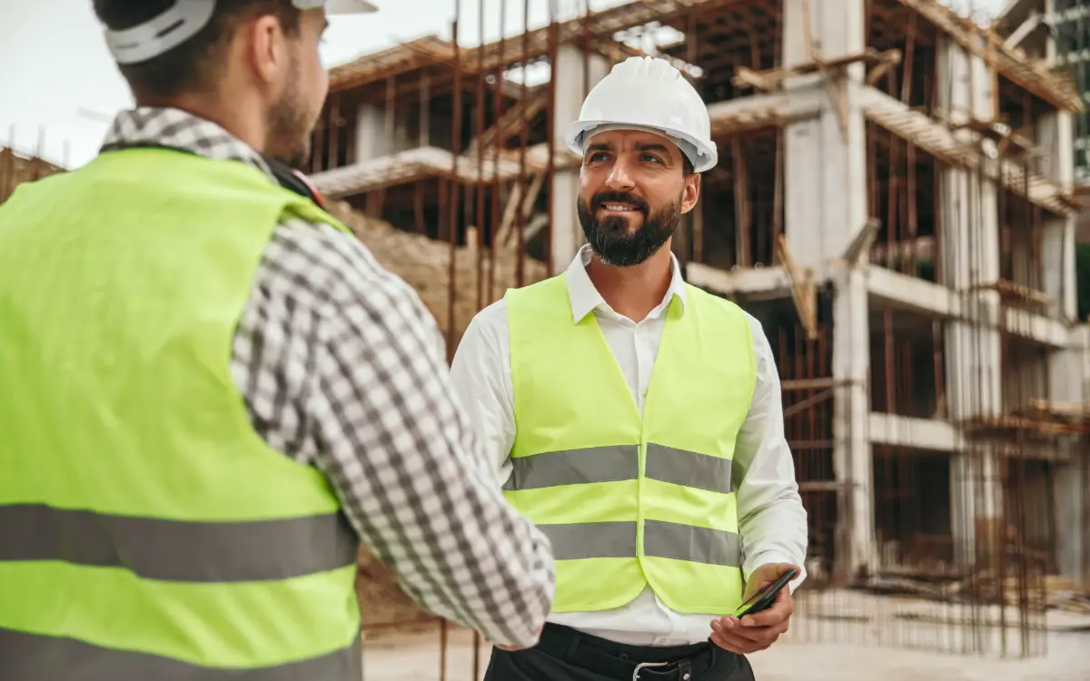 Operario de construcción realizando su fichaje en la aplicación móvil de registro horario en obras de construcción