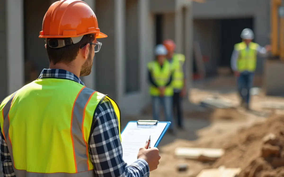 Construction workers with a harness and PPE applying occupational risk prevention measures at height