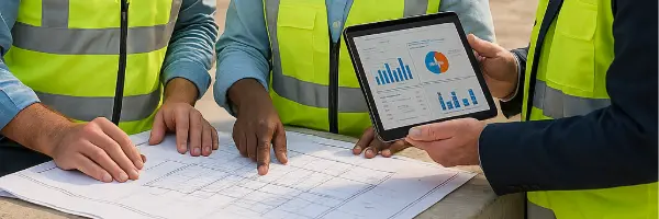 Jefe de obra supervisando avances en construcción con la app digital Trowel